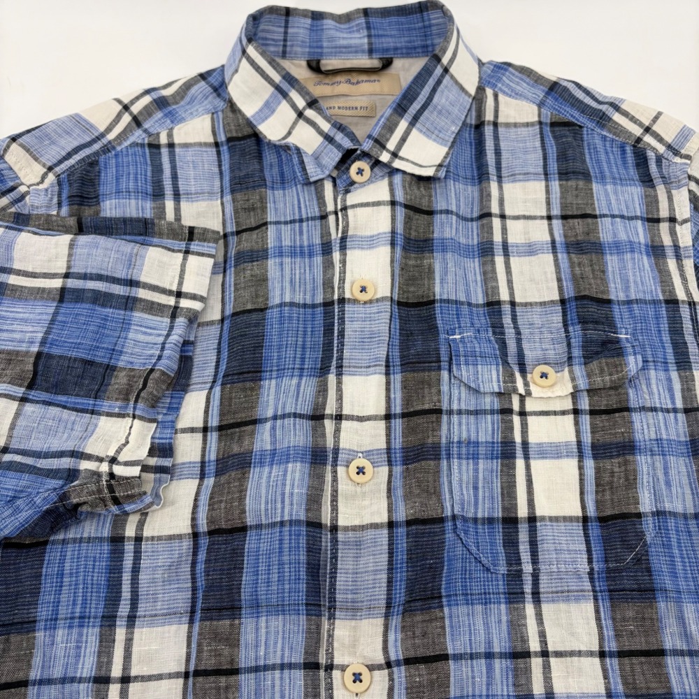 Tommy Bahama Mens Large Blue‎ Plaid 100% Linen Island Modern Fit SS Shirt